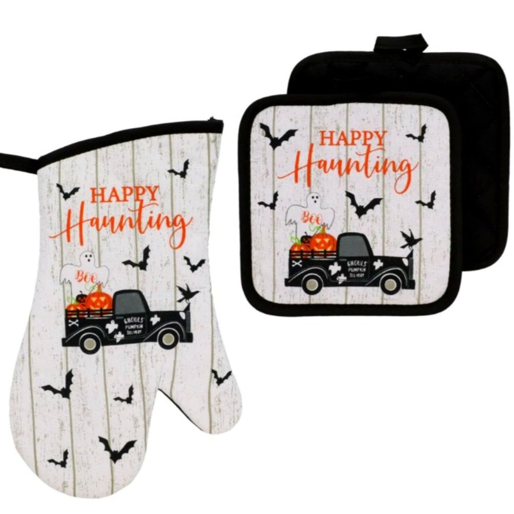 COPY - Halloween Oven Mitt & Pot Holder Set HAPPY HAUNTING Ghouls' Pumpkin Deli…